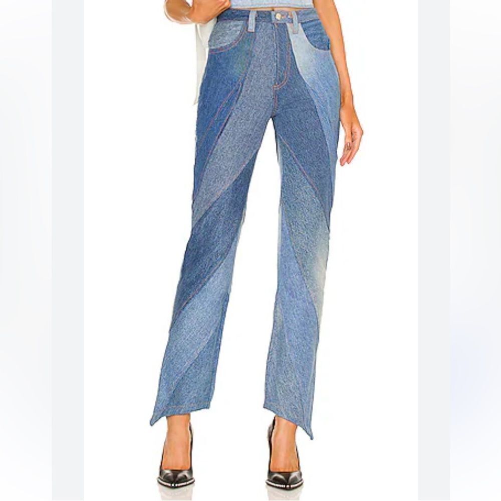 $390 EB Denim Vien Jeans patchwork denim lace up straight leg Revolve XS